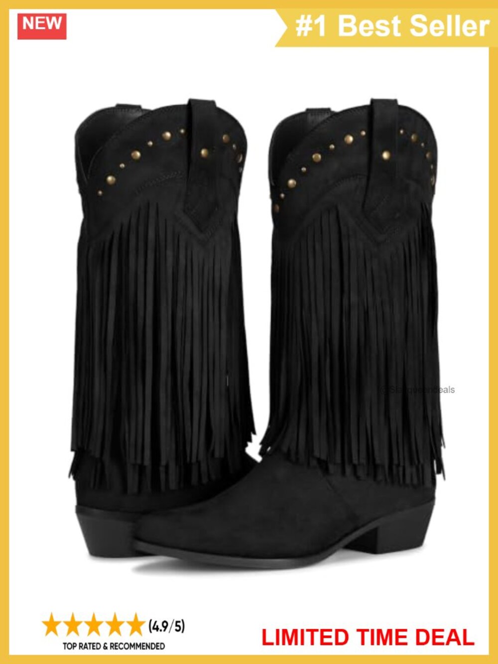 Faux Suede Fringe Cowboy Boots Pointed Toe Chunky Block Heel Western